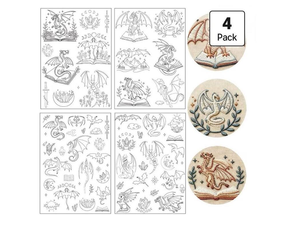4-Pack Dragon Stick and Stitch Embroidery Paper